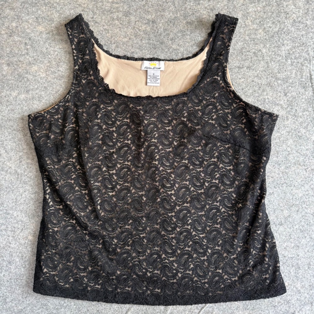 Kathleen Kirkwood Women 1X Black Floral Lace Tank Top Tan Lining Goth Whimsycore